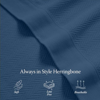 Threadmill Luxury 100% Cotton Twin Herringbone Blanket, Folkstone Blue - color: Folkstone Blue, size: Twin (68" x 92")