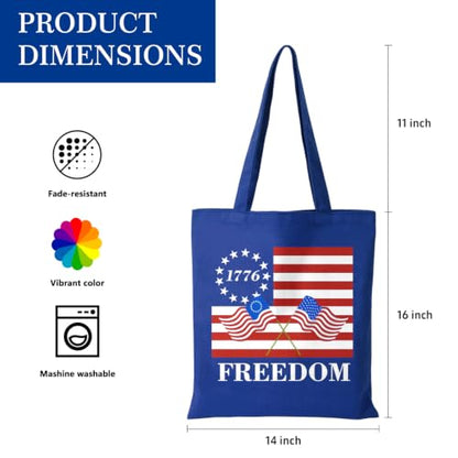Canvas Tote Bag with Zipper for Women, Halloween Trick or Treat Bags Bulk | 13.8" x 15.3" Fashionable Two-Tone Cotton Tote Bag for Crafts, DIY Your Creative Designs - color: [A0] Freedom - Blue
