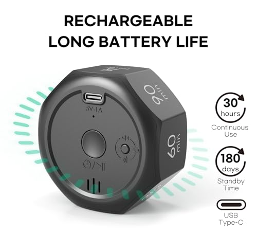 Flip Cube Pomodoro Timer - Rechargeable Visual Countdown & Count Up Stopwatch, 7 Preset Intervals, 3 Alarm Modes, Productivity Tool for ADHD, Kids, Study, Work & Kitchen (Gray) - color: Space Grey