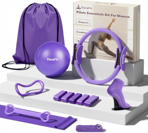Home Pilates Ring and Ball Set for Women with 5 Resistance Bands 13 inch Magic Circle Workout Starter Kit for Beginners Full Body Toning 15 Min Daily Routine - color: All Purple
