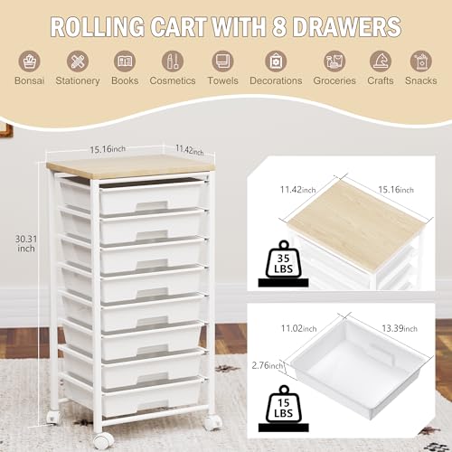 Rolling Cart with 8 Drawers, Storage Drawers Cart with Wooden Tabletop and Lockable Wheels, Craft Storage for Living Room, Office, Classroom, Craft Room, Bedroom - color: White