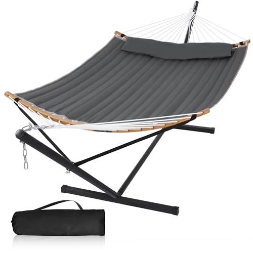 Heavy Duty Hammock with 12FT Stand, Double Hammock, Dark Gray | Large Hammock with Curved Spreader Bar, Pillow, Safety Ropes and Portable Carring Bag, Patio Hammock for Outside, Max 450 Lbs - color: Dark Gray
