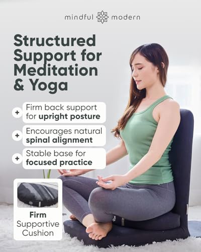 Mindful Modern Folding Pro Meditation Chair - Adjustable Meditation Seat with Back Support and Half Moon Buckwheat Meditation Cushion - Comfortable Mindfulness Living Room Floor Chair - color: Charcoal Black