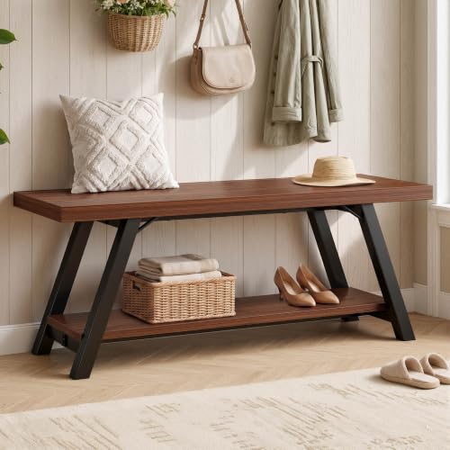 LVB Industrial Entryway Bench with Storage, Wood and Metal Bedroom Bench - color: Walnut