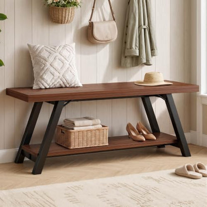 LVB Industrial Entryway Bench with Storage, Wood and Metal Bedroom Bench - color: Walnut