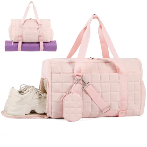 Large Gym Bag for Women, Puffy Sports Duffel Bag with Yoga Mat Holder - color: Pink, size: Large