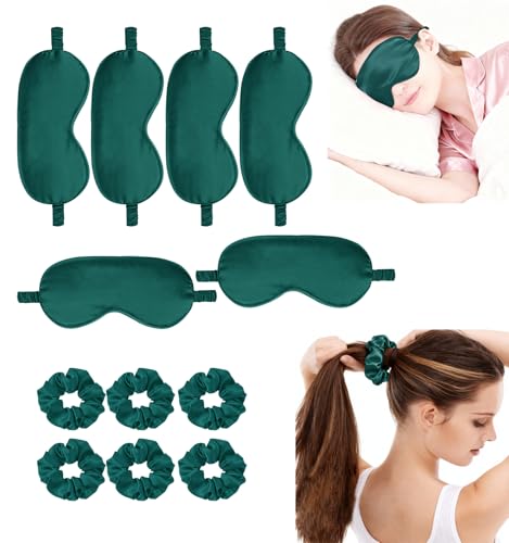 12Pcs Silk Sleep Masks Satin Eye Mask Silky Eyes Cover Blindfold Eyeshade Hair Ties Scrunchy Travel Bridesmaids Gifts - color: Peacock Green