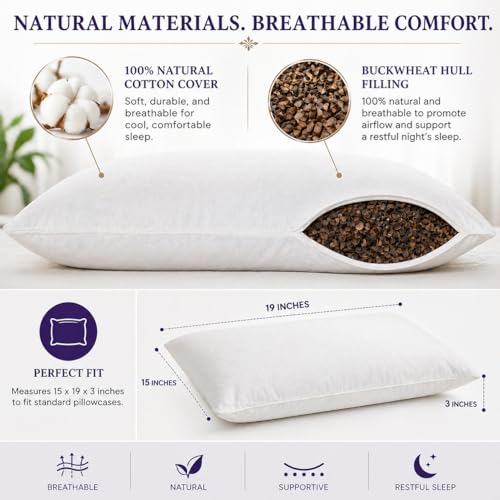 Sobakawa Traditional Buckwheat Standard Size Pillow Organic Cotton with Natural Technology for Cool Sleep, Neck Support for Back and Side Sleepers or as a Meditation Cushion,White - size: Standard