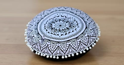 CRAFT KALA 32" Large Round Bohemian Floor Pillow Cover Boho Pouf Cover Mandala Meditation Room Pillows Cover Adults Seating Poufs Cushion Cover for Kids Reading Playroom Black Flower - color: Black Flower