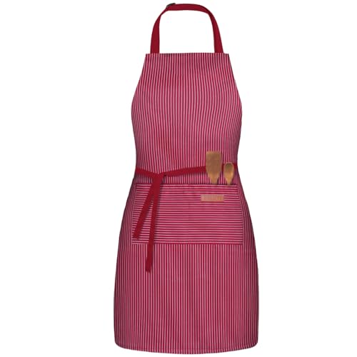 BeLuyi Adjustable Bib Apron with 2 Pockets Chef Cooking Kitchen Restaurant Aprons for Women Men - color: Wine Pinstripes