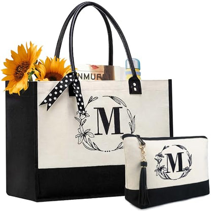 BeeGreen Embroidery Monogram Initial Tote Bag for Women Teacher Mom Friend Personalized Gift for Birthday Beach Work Wedding - color: White Lily, style: M
