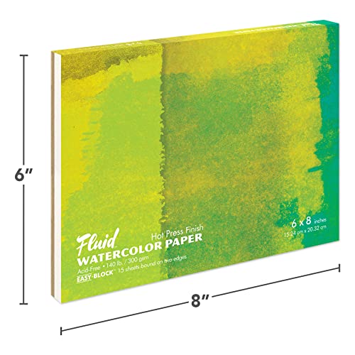 Fluid Watercolor Paper Block, 6 x 8 inches, 15 Sheets, 140 lb (300 GSM) Hot Press Paper Pad for Artist Painting and Wet Media - size: 6 x 8