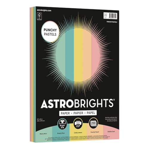 Astrobrights Punchy Pastel Paper Assortment, 8.5" x 11", 24 lb., 5-Color Assortment, 200 Sheets (91741)