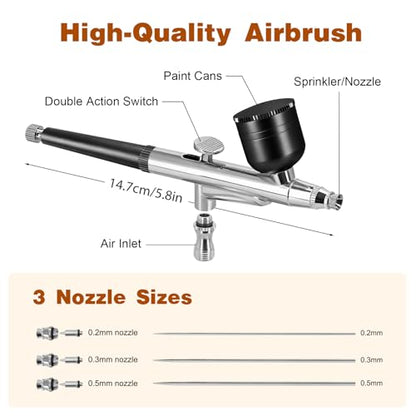 Airbrush Kit with Air Compressor,25-48 PSI Airbrush 3 Nozzles &Cleaning Set | High Pressure Air Brush Non-Clogging with 0.2/0.3/0.5mm Nozzle for Painting,Model,Nails,Cake Decorating,Makeup,Crafts
