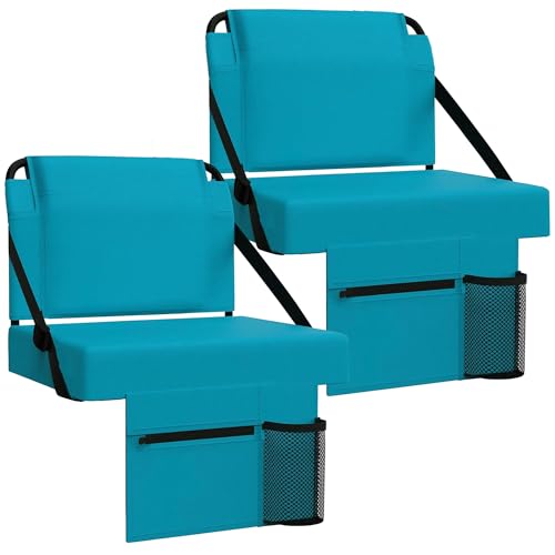 2pcs Stadium Seat for Bleachers with Back Support，Portable Bleacher Chairs with Back and Cushion，Includes Shoulder Strap and Cup Holder - color: Cyan,2 Pack