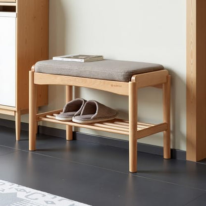 Oak Wood Shoe Bench, 24 Inch Entryway Bench with Gray Cushion - color: Natural + Gray Cushion, size: 23.62"