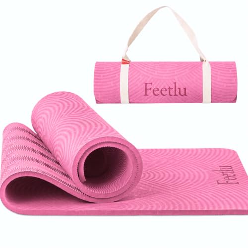 Extra Thick 12mm Exercise Mat – 74"L x 26"W Inch, Non-Slip, Joint-Friendly & Cushioned Fitness Mat for Yoga, Pilates & Floor Workouts – Durable, Supportive & Includes Feetlu Classic Strap - color: LT Pink & Gray