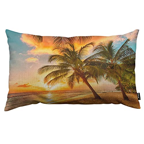 TKS MITLAN Tropical Palms Decorative Pillow Covers Sunset with Palm Tree on The Beach Linen Couch Bed Sofa Car Waist Cushion Cover 12 x 20 inch - color: Tropical Palms, size: 20" x 12" (Pack of 1)