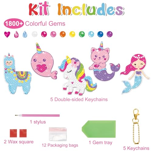 BANBBUR Art and Crafts for Kids Ages 8-12 4-8, 5 PCS Diamond Gem Art Kids | Double Sided 5D Gem Key Chain Making Kit,Christmas Crafts for Kids, Art and Craft Birthday Gifts Christmas Stocking Stuffers