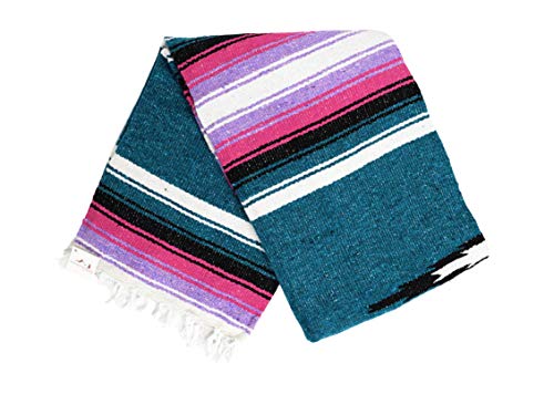 Open Road Goods Mexican Diamond Blanket - XL Heavyweight Yoga Blanket – Handmade in Mexico - Thick Boho Serape Saltillo Style Throw for Beach, Picnic, Home, Camping and More! (Aegean Blue & Pink) - color: Aegean Blue & Pink