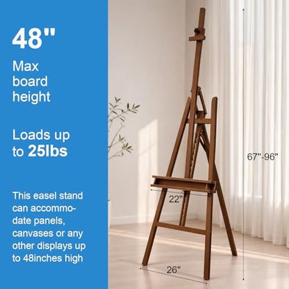 Large A-Frame Solid Beechwood Studio Easel for Painting | Adjustable Artist Easel with Storage Drawer, Display Easel Stand Holds Canvas Up to 48 Inches, Brown - style: Brown