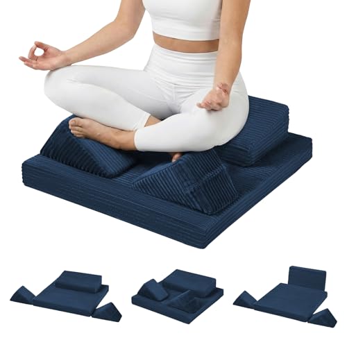 Meditation Cushion, Meditation Mat with Knee Support, Navy Blue | Large Washable Meditation Pillow for Sitting on Floor, Yoga Pillow with 2 Knee Cushions for Comfortable Sitting, 24x24in - color: Navy Blue, size: 24X24X2 Inch