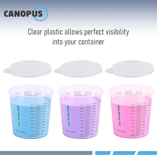 CANOPUS 22-oz Paint Mixing Cups, Pack of 12 Cups with 3 Lids, Reusable and Solvent-Resistant Clear Plastic Containers for Paint, Epoxy, Resin, Oil, and Thinner - size: 22 oz