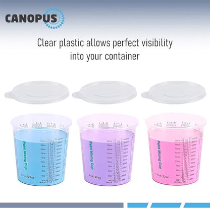 CANOPUS 22-oz Paint Mixing Cups, Pack of 12 Cups with 3 Lids, Reusable and Solvent-Resistant Clear Plastic Containers for Paint, Epoxy, Resin, Oil, and Thinner - size: 22 oz