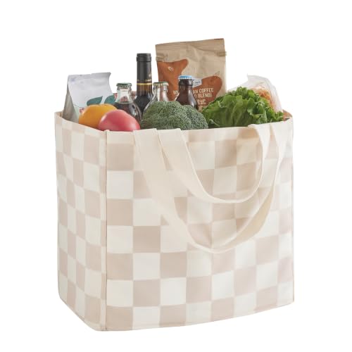 Checkered Reusable Grocery Bags, Cute Checkerboard Large Canvas Tote Bag, Reusable Shopping Bags Farmers Market Bag - color: Beige