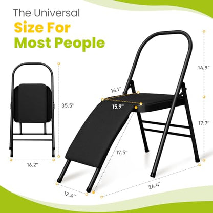 Foldable Yoga Auxiliary Chair with 3 Training Guide Posters for Versatile Exercises, Yoga Assist Handstand Chair with Detachable Lumbar Back Support for Stretching, Balance Training. (Black)