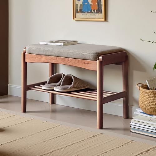 Solid Wood Shoe Bench, 24 Inch Entryway Bench with Gray Cushion - color: Walnut + Gray Cushion, size: 23.62"