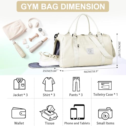 Gym Bag for Women Men with Shoes Compartment and Wet Pocket,Sport Swimming Yoga Bag,Waterproof Travel Duffel Bag Small Carry on Bag Overnight Weekender Bags Personal Item Bag for Airlines Cream White - color: A15-Cream White