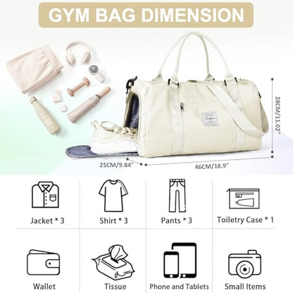 Gym Bag Womens with Shoes Compartment Travel Duffel Bag Cream White - color: B15-Off White+Toiletry Bag