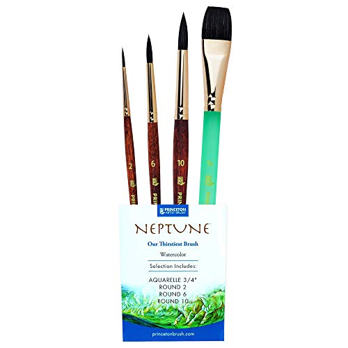 Princeton Neptune 4750 Series Watercolor Brush Set – Watercolor Brushes Professional Soft Synthetic Squirrel Hair – Artist Water Paint Brush Set – 1pc Aquarelle 3/4" & 3 Round Brushes (Sizes 2, 6, 10)
