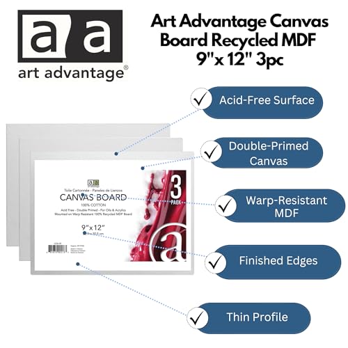 Art Advantage Canvas Board 9x12 Inch 3 Pack, Double Primed 100% Cotton Canvas on Recycled MDF Board, Clean Finished Edges, Beginner to Professional - size: 9-inch x 12-inch, 3 Pack