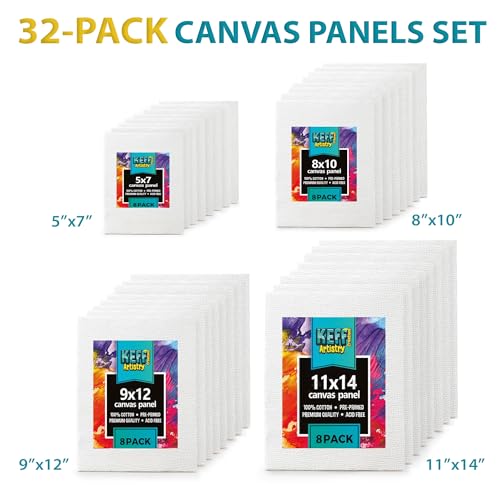 KEFF 32-Pack Bulk Canvas for Painting, 8 of 5x7, 8x10, 9x12, 11x14 Canvas Boards for Painting, Art Supplies for Adults & Kids - 100% Cotton Primed Painting Canvas for Acrylic, Oil, Watercolor, Tempera - size: 32 Pack - 8 of Each, 5x7, 8x10, 9x12, 11x14