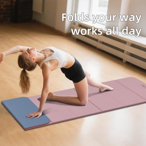 LVME Foldable Yoga Mat, 71"x24"x1/3" Thick(8mm), Non Slip Exercise Mat - color: Dusty Pink + Silver Blue