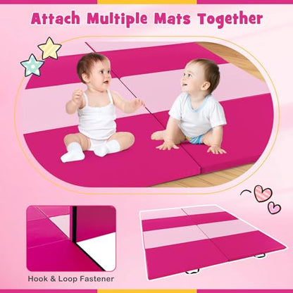 Giantex 4'x10'x 2" Gymnastics Mat, 4-Panel Folding Aerobics Exercise Mat w/Hook & Loop Fastener, Carrying Handle, Portable Tumbling Mat for Stretching Yoga Cheerleading Martial Arts - color: Light Pink/Pink