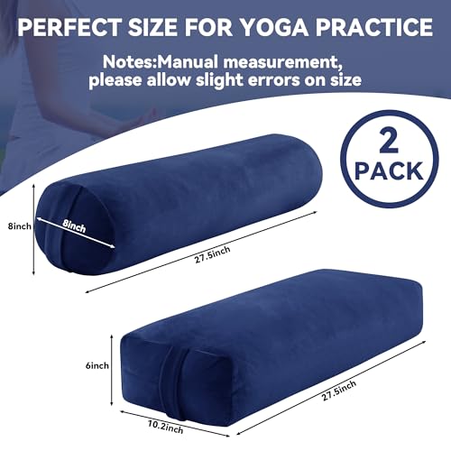 ROYALAY 2 Pcs Yoga Bolster Pillow for Restorative Yoga, Rectangular and Cylinder Meditation Pillow Set with Carrying Handles, Supportive Cushion for Exercise Workout Stretching Meditation,Dark Blue
