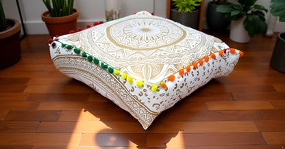 INDIAN CRAFT CASTLE ICC Mandala Barmeri Large Floor Pillow Cover Cushion Meditation Seating Ottoman Throw Cover Hippie Decorative Zipped Bohemian Pouf Ottoman Cases White Gold Matellic 16" Square