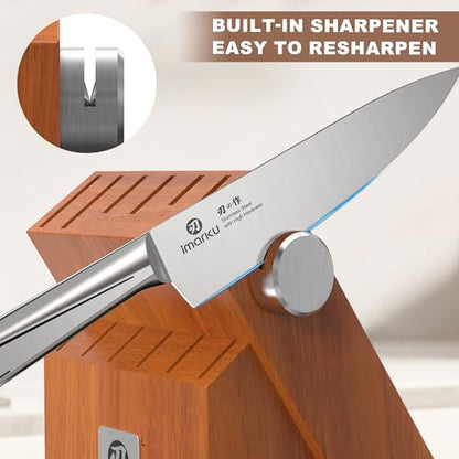 imarku Gyutou Knife Set, High Carbon Steel, Block & Sharpener, Gift Box | 56 HRC Hardness, 15° Razor Sharp Edge, Ergonomic Non-Slip Handle, Brown Wood Block, Ideal Gift for Cooking Enthusiasts - color: Silver/Brown