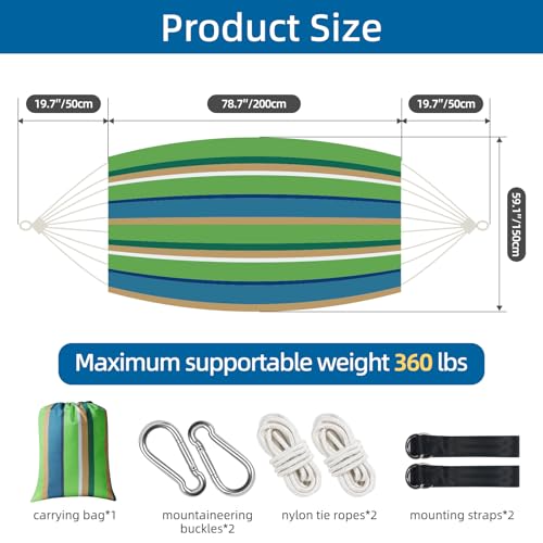 Portable Double Hammock, Hanging Hammock with Tassels 2 Person Patio Hammock for Backyard & Indoor Relaxation, Soft Breathable Fabric, Easy Setup with Straps & Carry Bag, 360 lbs Capacity - color: Green Stripe