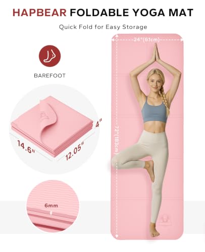 HAPBEAR Foldable Yoga Mat - 72"x24"x0.24" (6mm), Non-Slip TPE Exercise Mat | Ideal for Home Workout, Yoga, Pilates, Stretching & Travel, Durable & Eco-Friendly, Includes Carry Bag - color: Pink