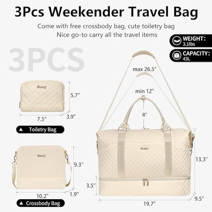 Weekender Bag, Large Travel Duffel Bag for Women, Carry on Overnight Bag with Shoe Compartment and Toiletry Bags - color: H-3PCS Beige White