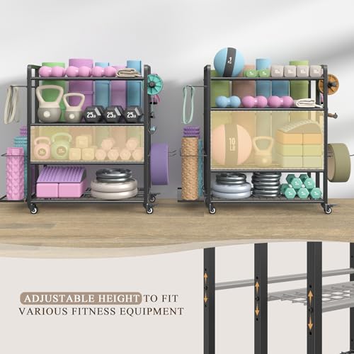 4-Tier Weight Rack for Home Gym with Wheels and Hooks | Adjustable Gym Storage Rack for Dumbbells Kettlebells Yoga Mat, All-in-One, Space Saving, Heavy Duty Steel, Easy to Assemble - size: Large Black