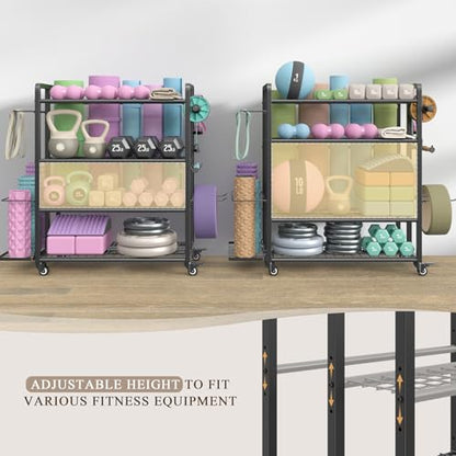 4-Tier Weight Rack for Home Gym with Wheels and Hooks | Adjustable Gym Storage Rack for Dumbbells Kettlebells Yoga Mat, All-in-One, Space Saving, Heavy Duty Steel, Easy to Assemble - size: Large Black