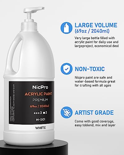 Nicpro White Large Acrylic Paint (69 oz, 2040 ml), Rich Pigments, Non Toxic (Pack of 2) - color: White, size: 69 Fl Oz (Pack of 2)