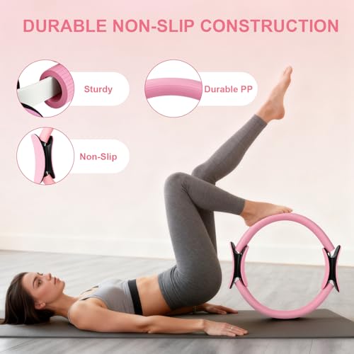 Pilates Ring and Ball Set for Women, Home Workout Pilates Kit, Magic Circle Hoop with 5 Resistance Bands, Pilates Equipment Fitness Essentials Starter Set Accessories - color: Pink