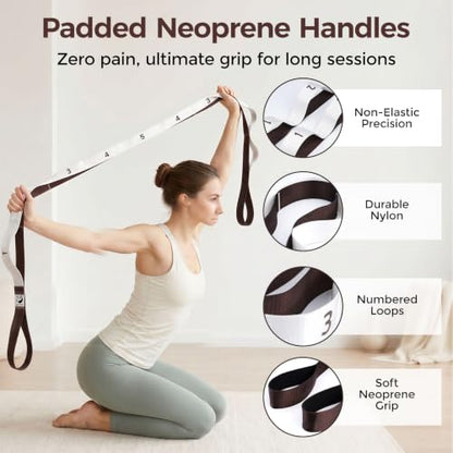 Slim Panda Stretching Strap with Loops - Non-Elastic Heavy Duty Nylon Yoga & PT - Oversized Multi-Loop Home Rehab - Hamstring Shoulder Pilates Flexibility - color: Beige