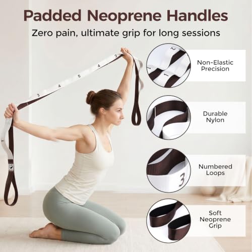 Slim Panda Stretching Strap with Loops - Non-Elastic Heavy Duty Nylon Yoga & PT - Oversized Multi-Loop Home Rehab - Hamstring Shoulder Pilates Flexibility - color: Beige
